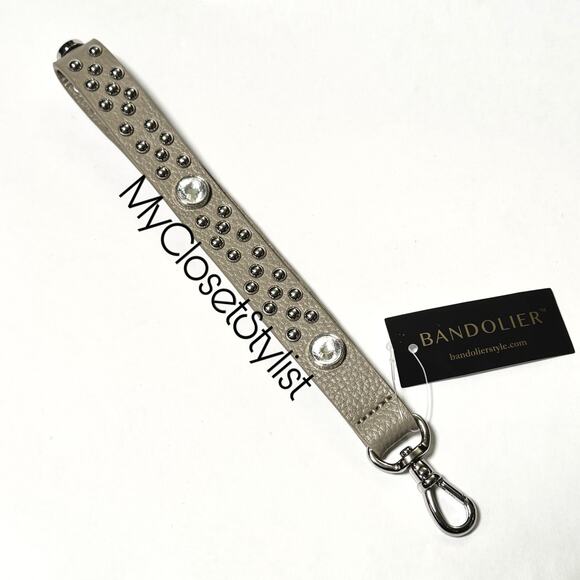 NWT BANDOLIER Crystal Studded Statement Wrist Strap NEW! silver greige leather - Picture 4 of 6